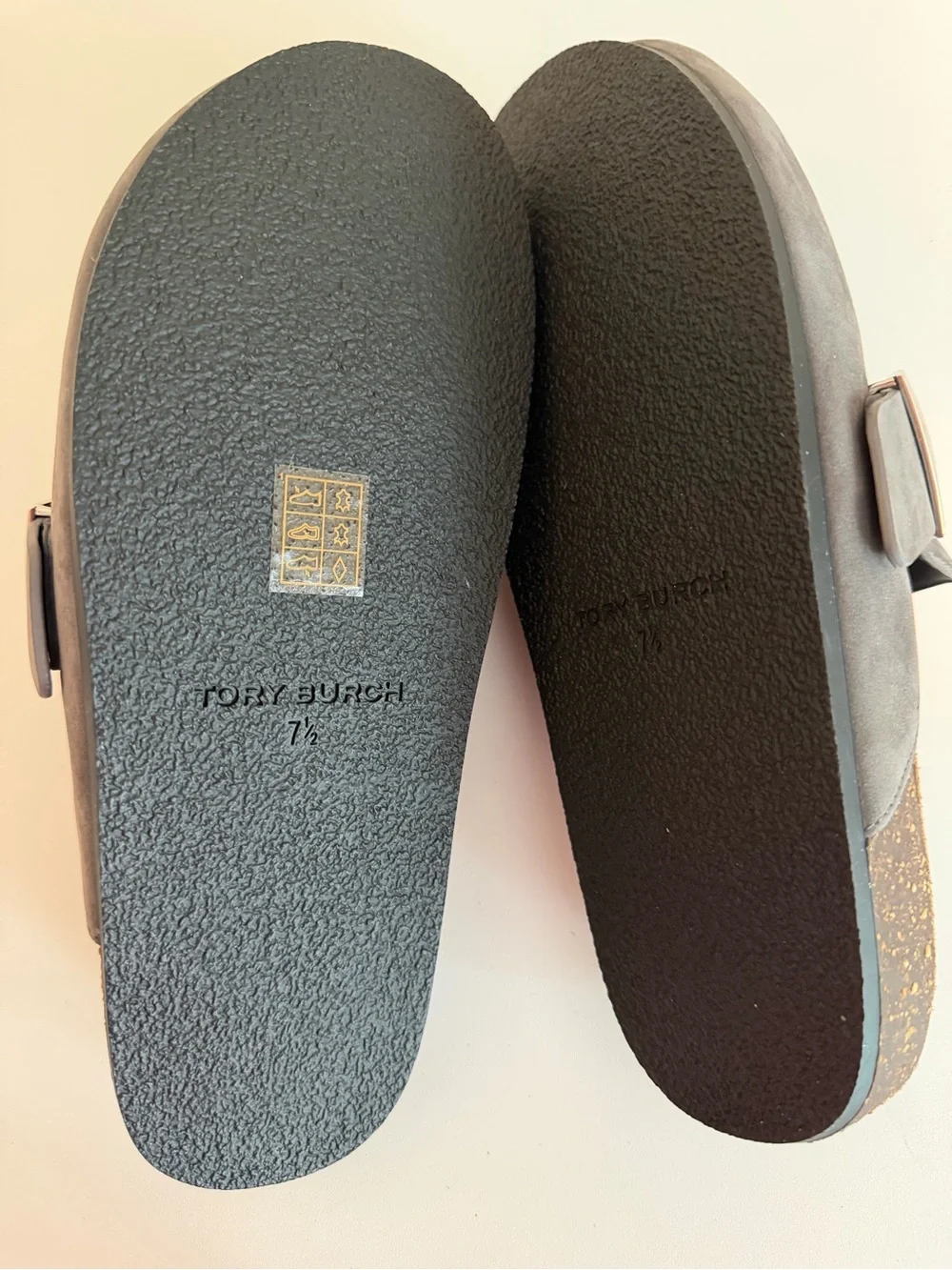 Tory Burch Suede Gray Logo Buckle Slide Mule